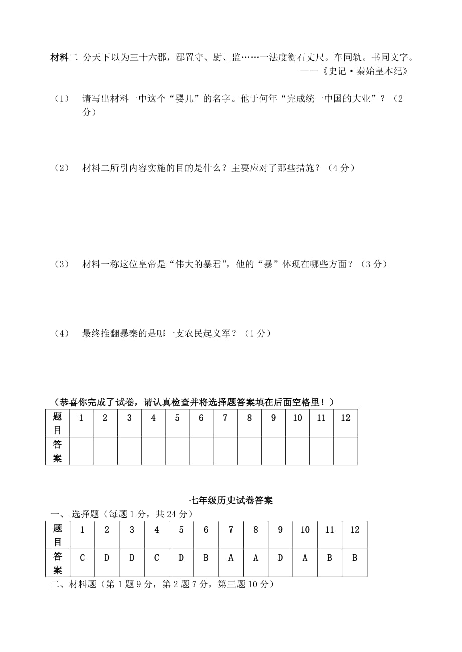 2020学年七年级历史第一学期期中试卷 人教新课标版_第4页