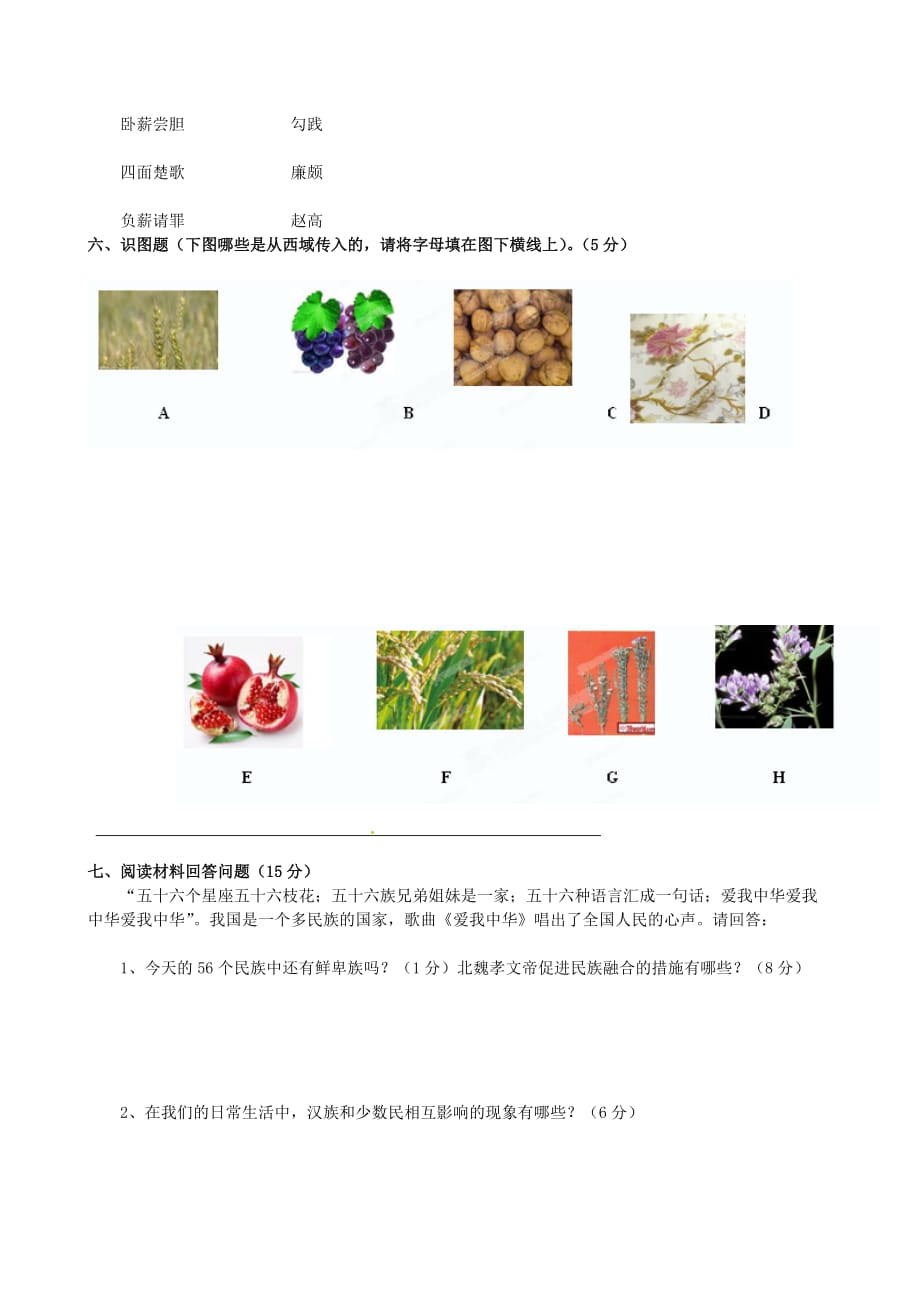 云南省麻栗坡县2020学年七年级历史上学期期末教学水平测试试题（无答案）_第4页