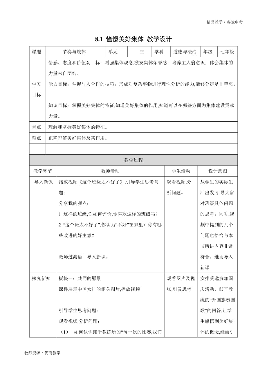 憧憬美好集体：2019-2020学年七年级道德与法治下册同步教学设计（部编版）_第1页