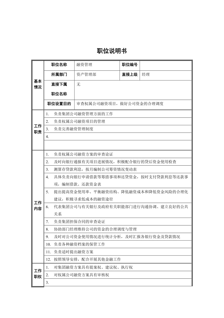 《精编》资产管理部融资管理职务说明书_第1页