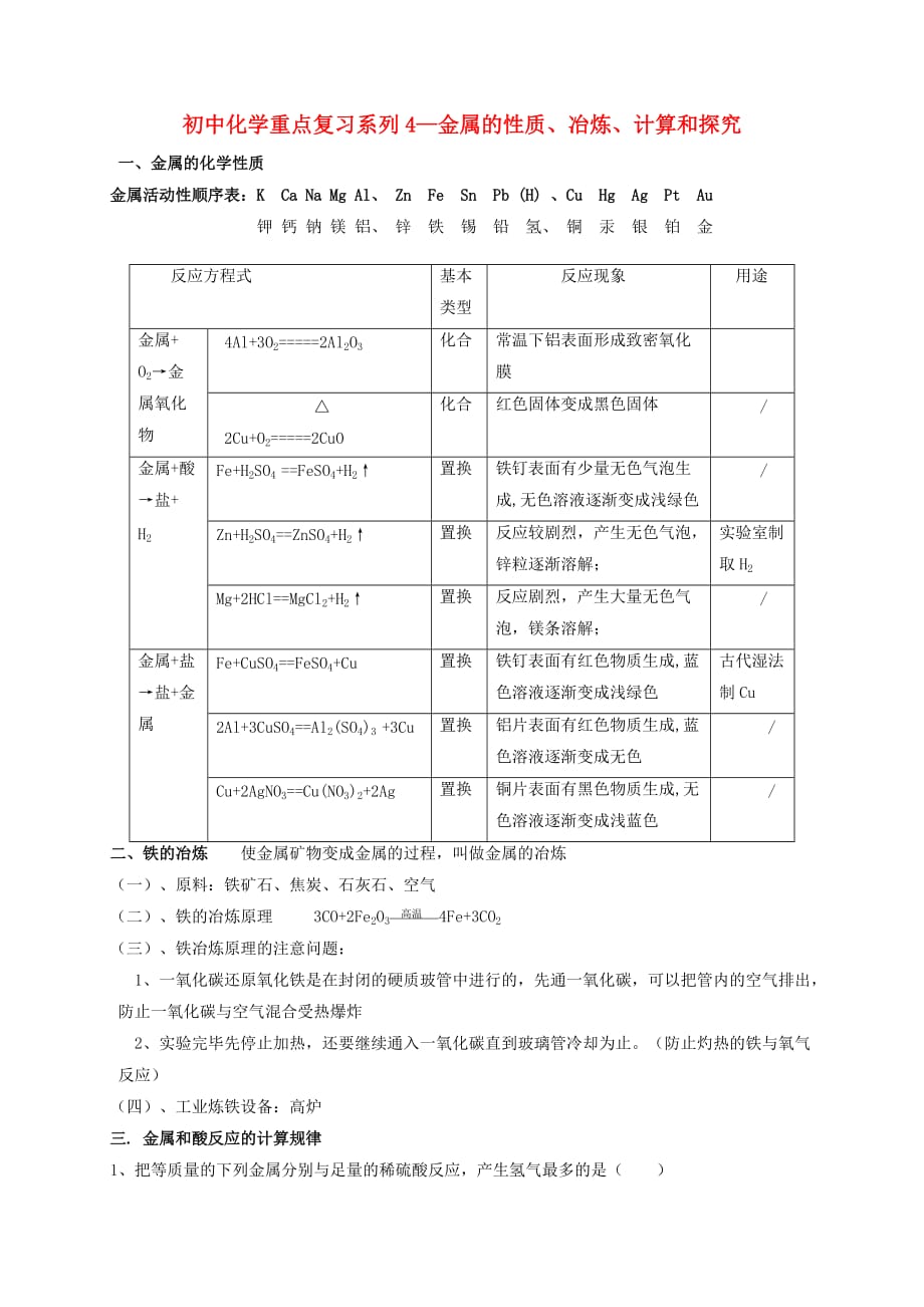 江苏省海门市中考化学重点复习4 金属的性质、冶炼、计算和探究练习（无答案）（通用）_第1页