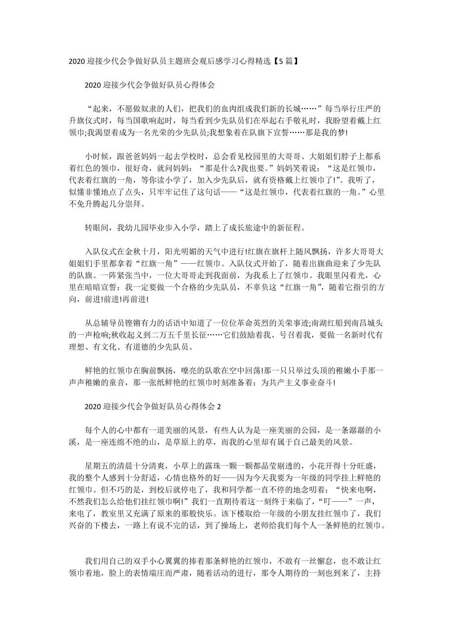 2020迎接少代会争做好队员主题班会观后感学习心得精选【5篇】_第1页