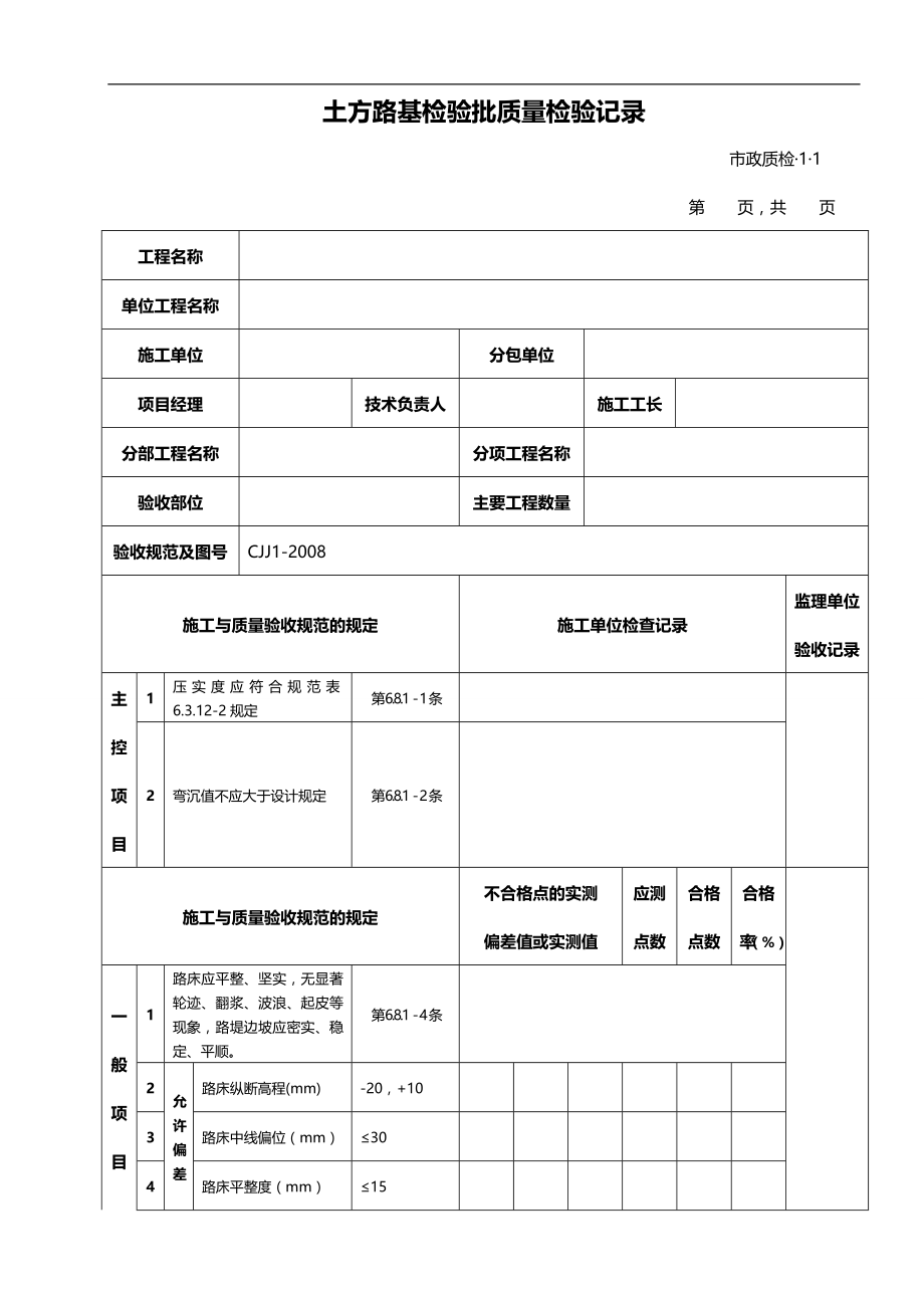 2020（质量管理套表）市政道路工程检验批质量检验记录表格全套_第1页