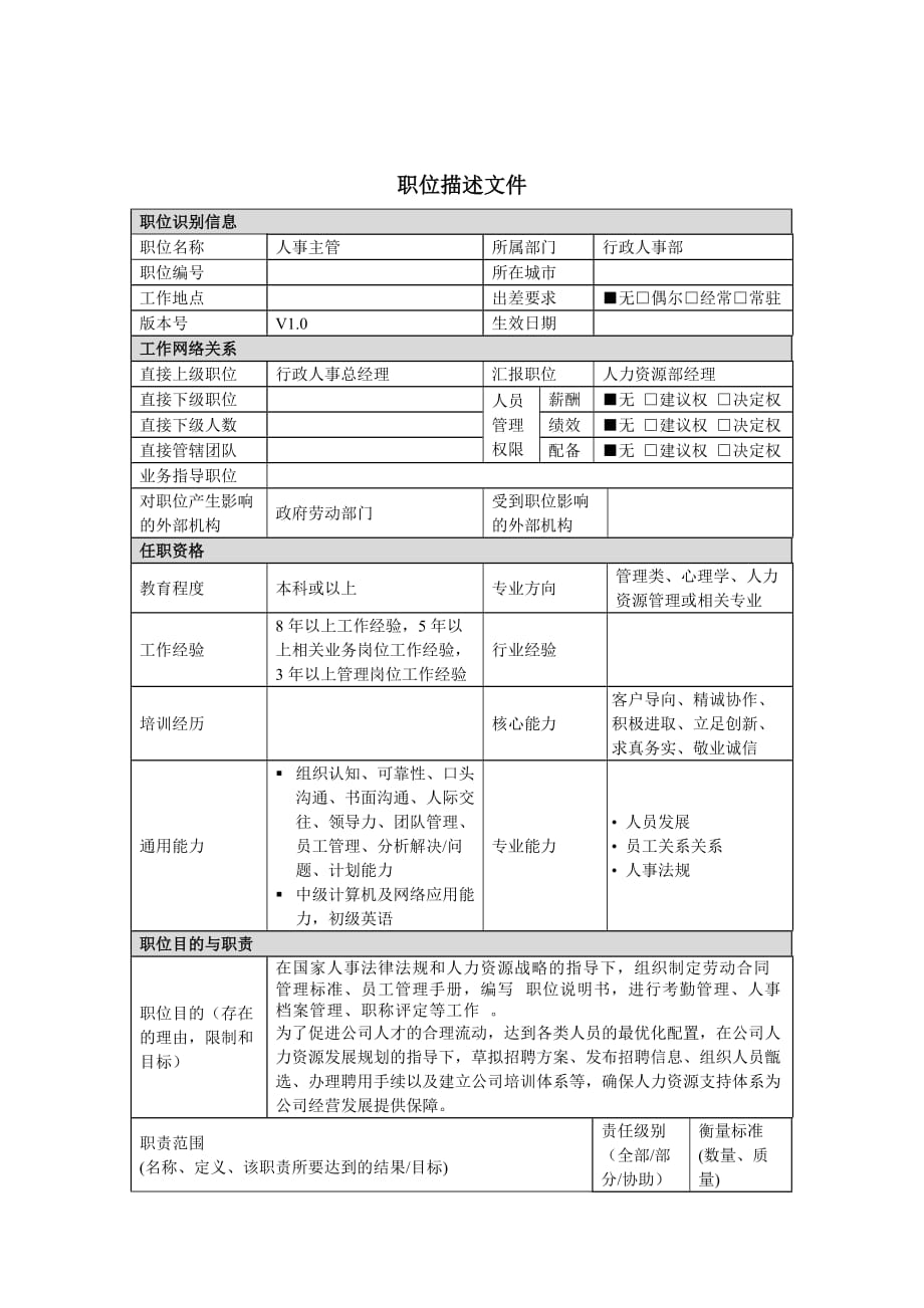 《精编》人事主管的岗位描述_第1页