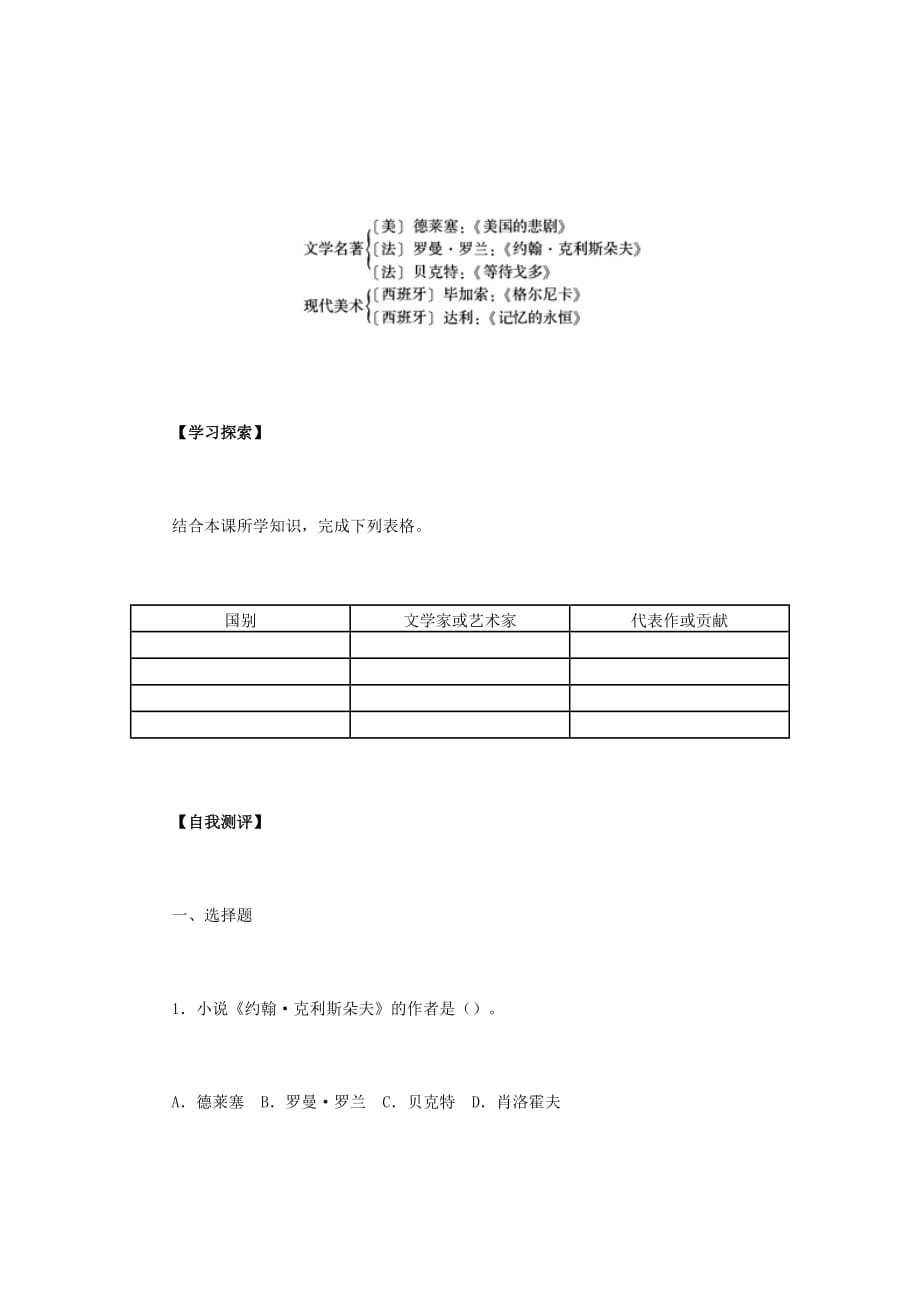 九年级历史下册 第八单元 第18课 现代文学和美术导学案（无答案） 新人教版_第2页