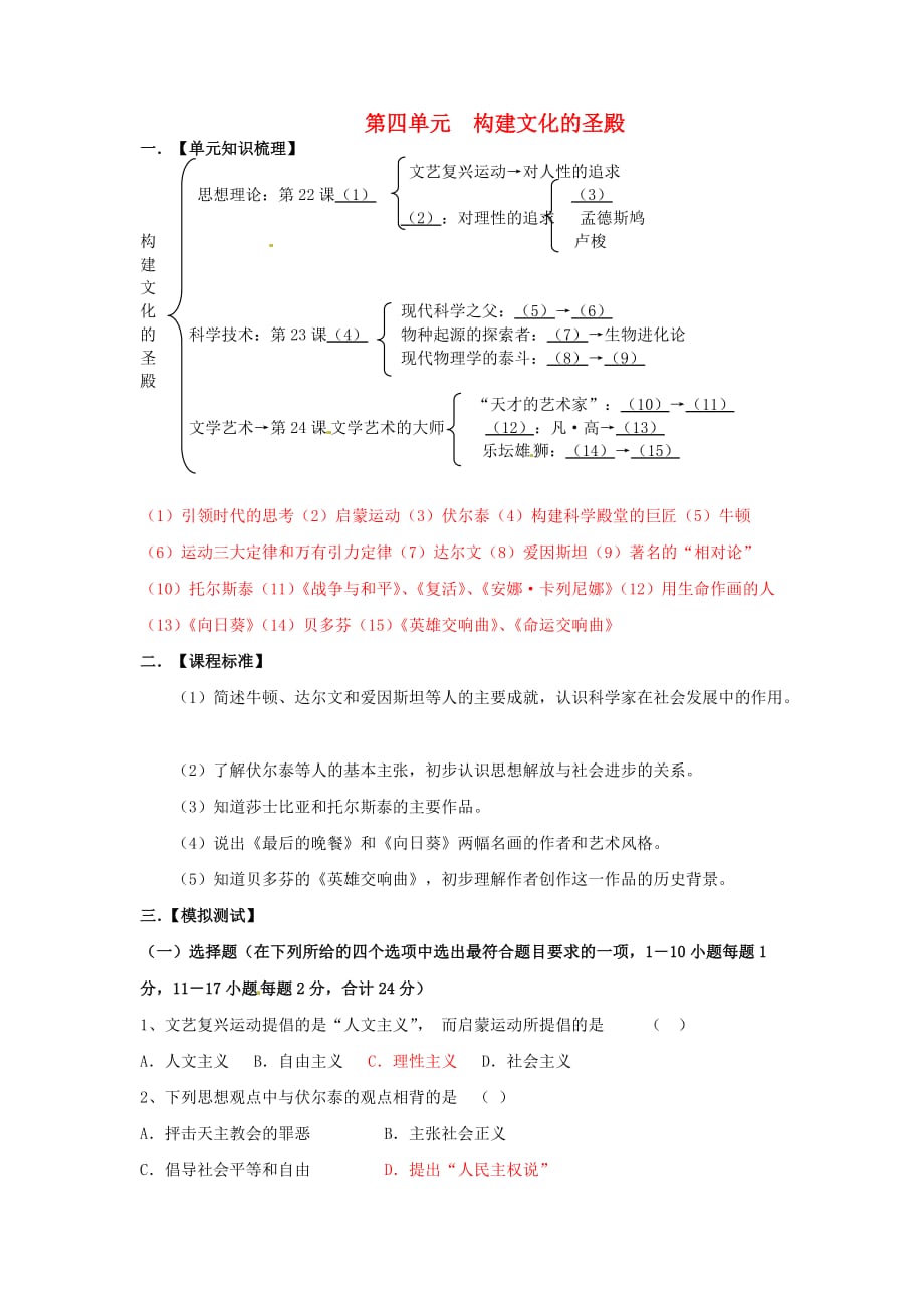 九年级历史上册 第四单元《构建文化的圣殿》教案 北师大版_第1页