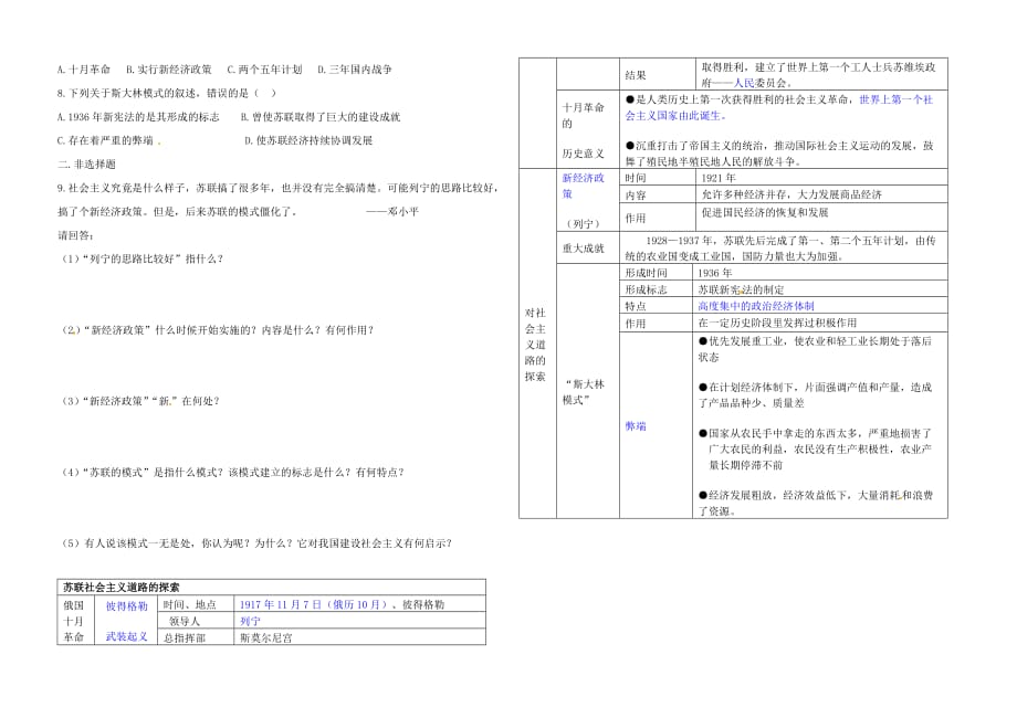 内蒙古鄂尔多斯东胜区华研中学九年级历史下册 第2课 对社会主义道路的探索导学案（无答案） 新人教版_第2页