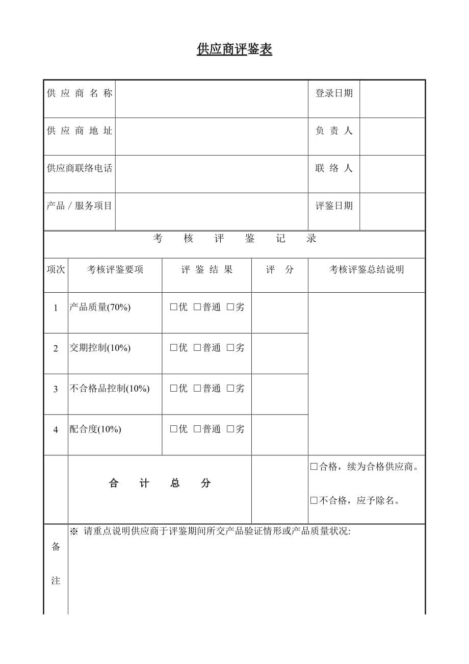 《精编》公司供应商评鉴表_第1页