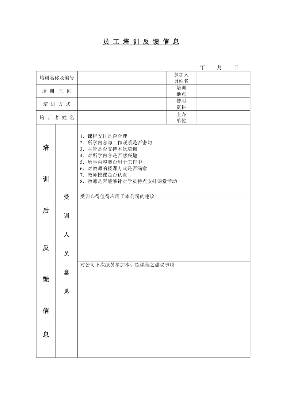 《精编》某公司员工培训反馈信息记录表_第1页