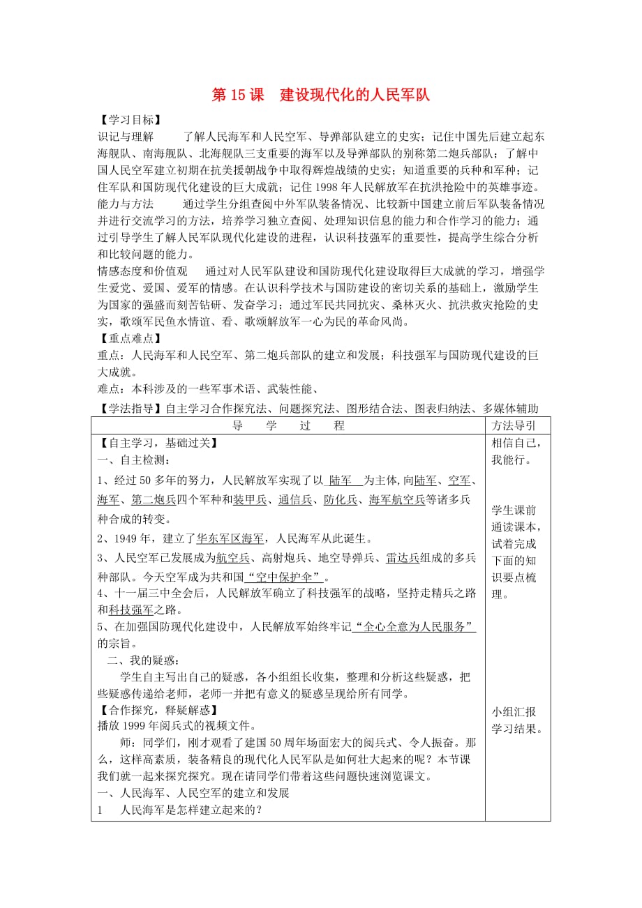 八年级历史下册 5.15 建设现代化的人民军队导学案（无答案） 川教版_第1页