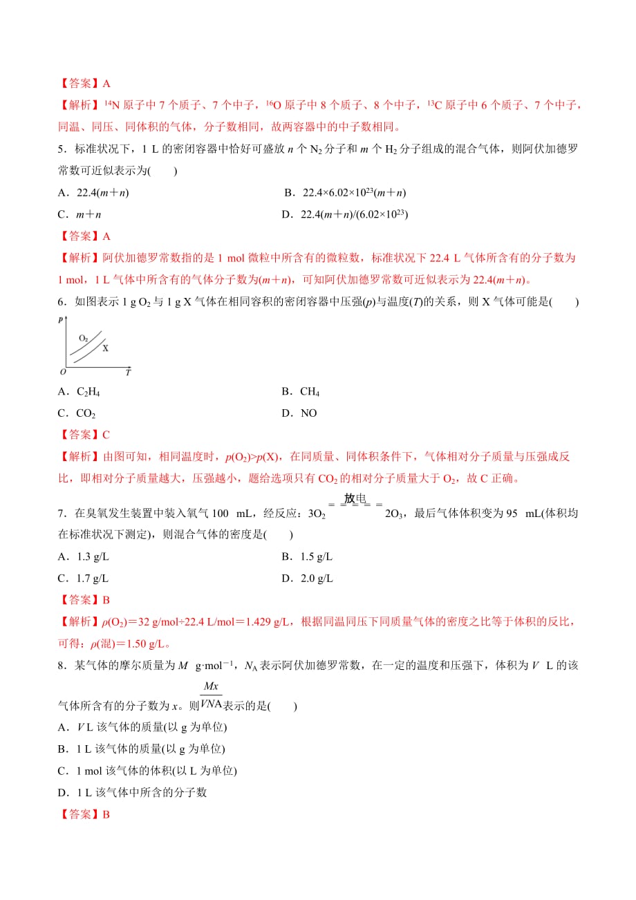 2020高考化学一轮复习专题1-1 物质的量 气体摩尔体积（练习）（含答案解析）_第2页