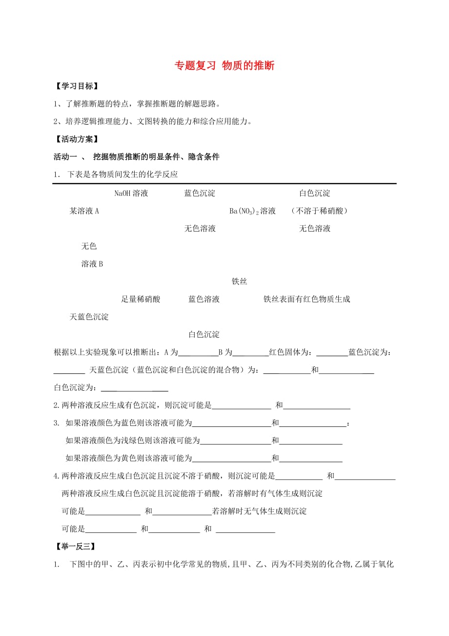 江苏省如皋市白蒲镇中考化学专题复习 32 物质的推断活动学案2（无答案）（新版）新人教版（通用）_第1页