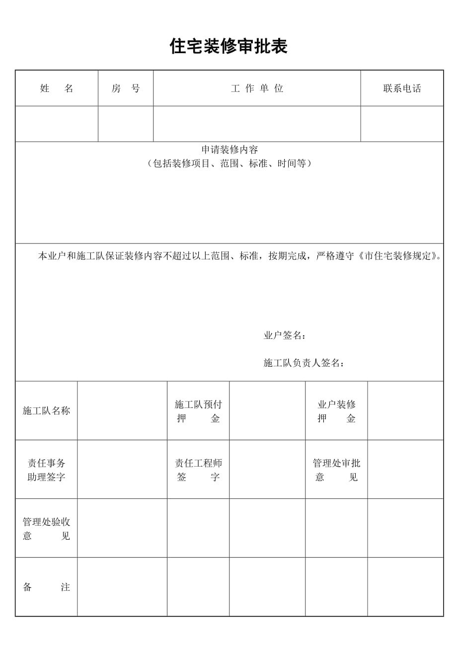 《精编》住宅装修审批表单_第1页