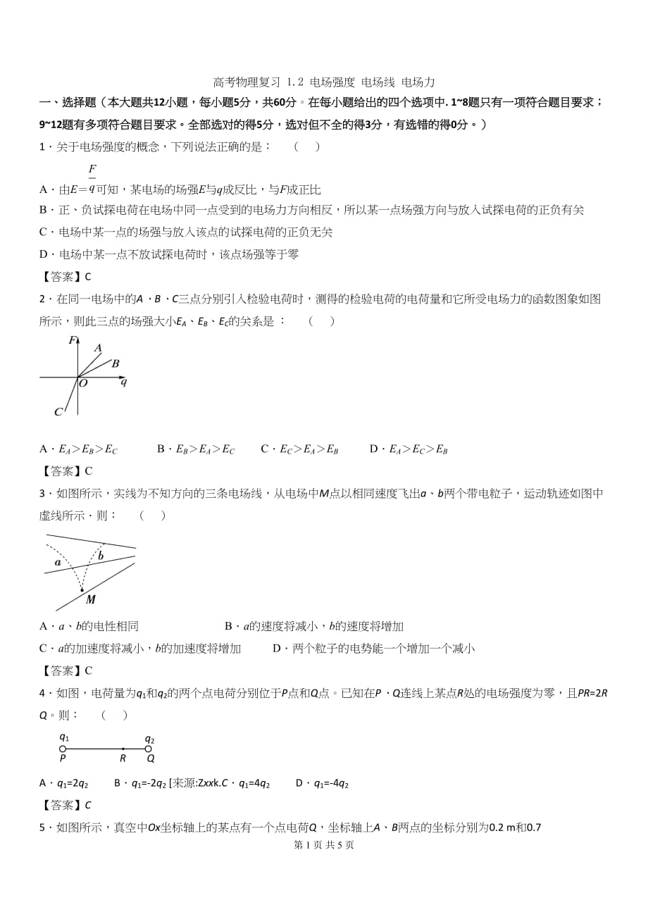 高考物理复习 1.2电场强度、电场线、电场力_第1页