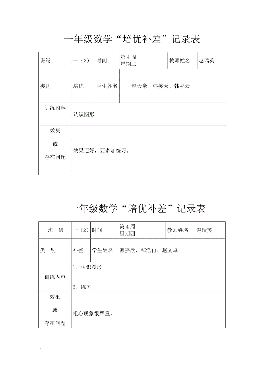 一年级数学培优辅差记录表教学案例_第4页