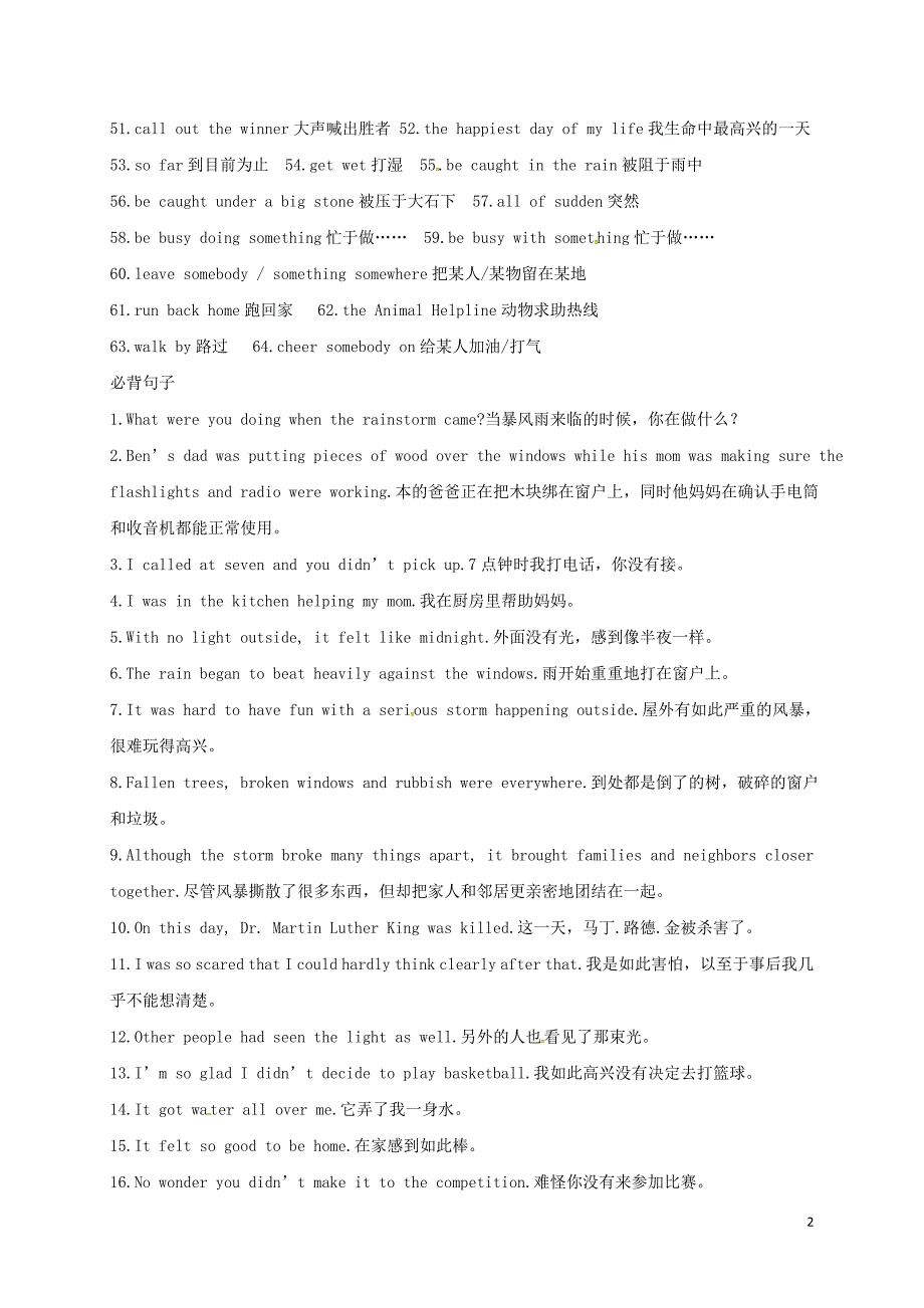 山东肥城潮泉八级英语下册Unit5Whatwereyoudoingwhentherainstormcame必背词组及句子新人教新目标.doc_第2页