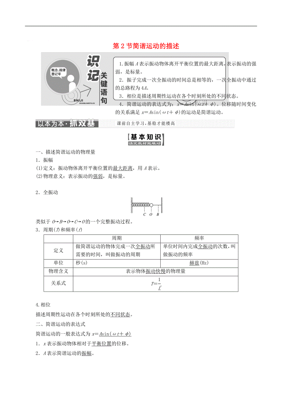 山东省专用2018_2019学年高中物理第十一章机械振动第2节简谐运动的描述讲义含解析新人教版选修3_第1页