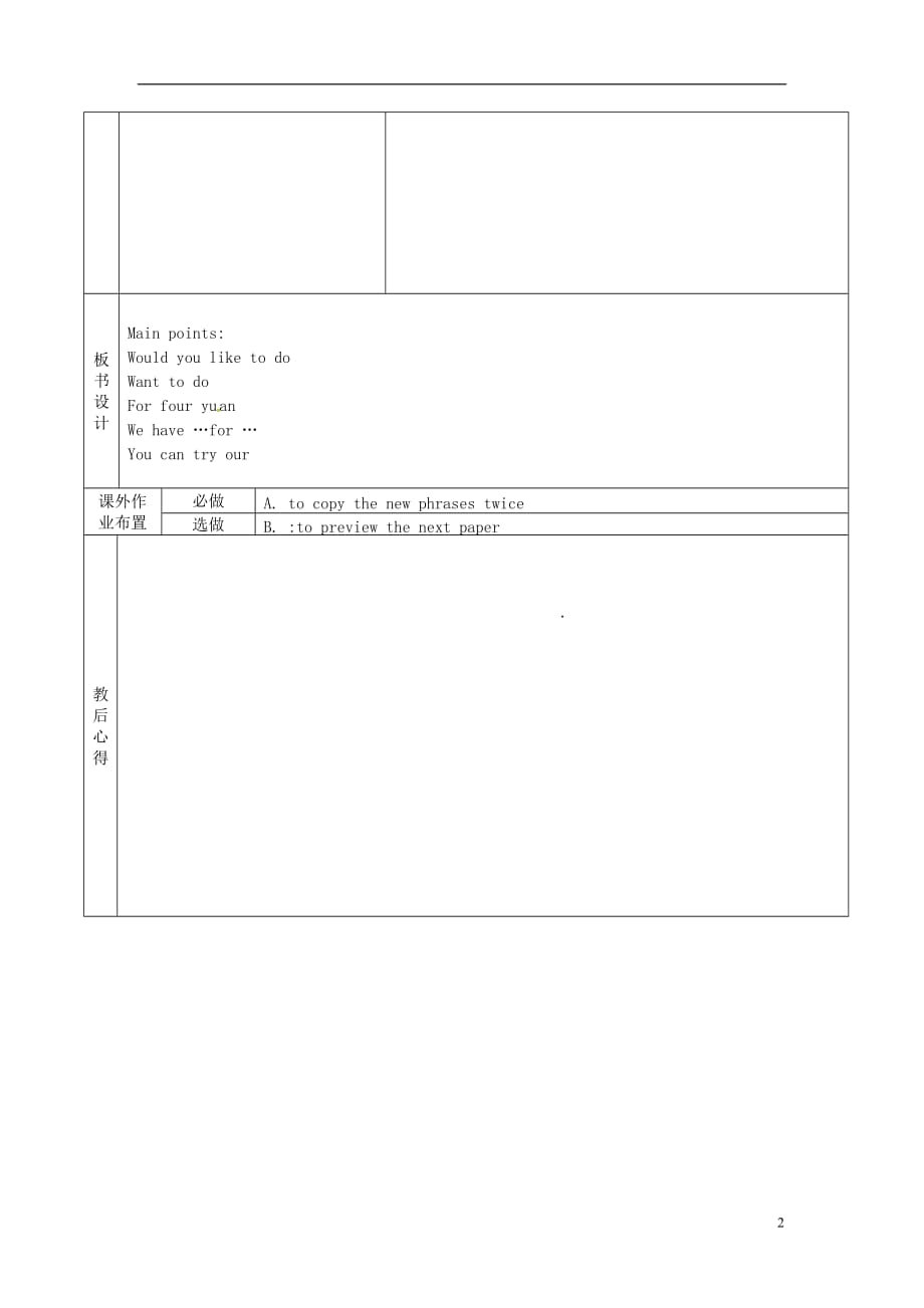 山东烟台黄务中学七级英语上册 Unit 2 I’d like some noodles Section B3aself check教案 新鲁教五四制.doc_第2页