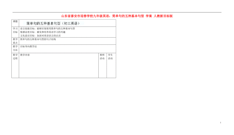 山东泰安迎春学校九级英语 简单句的五种基本句型学案 人教新目标.doc_第1页