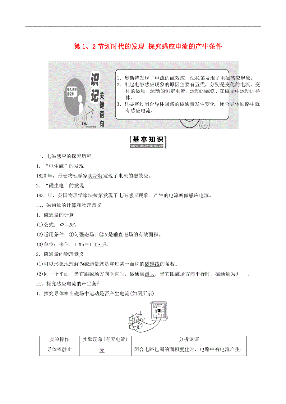 山东省专用2018_2019学年高中物理第四章电磁感应第12节划时代的发现探究感应电流的产生条件讲义含解析新人教版选修3__第1页