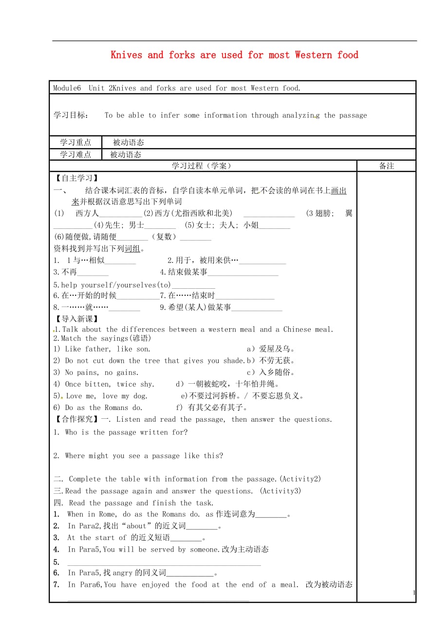 内蒙古鄂尔多斯达拉特旗九级英语下册Module6EatingtogetherUnit2KnivesandforksareusedostWesternfood学案新外研 1.doc_第1页