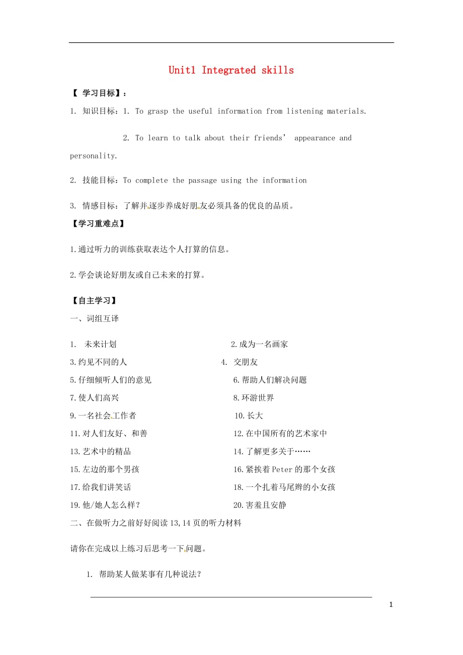 江苏铜山区清华中学八级英语上册 Unit 1 Integrated skills导学案 牛津.doc_第1页