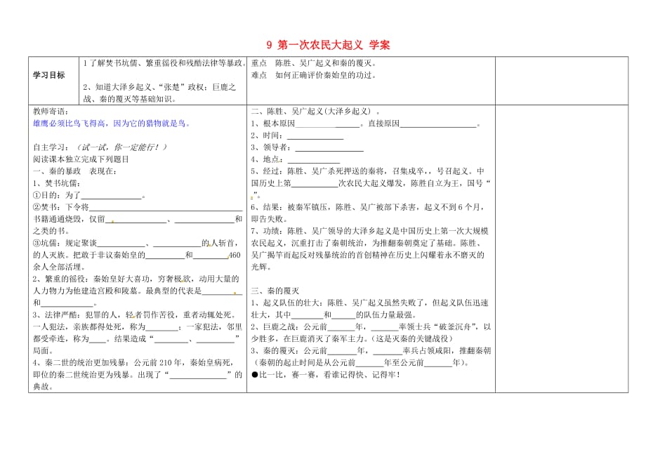 山西省夏县实验中初级中学七年级历史上册 9 第一次农民大起义学案（无答案） 华东师大版_第1页