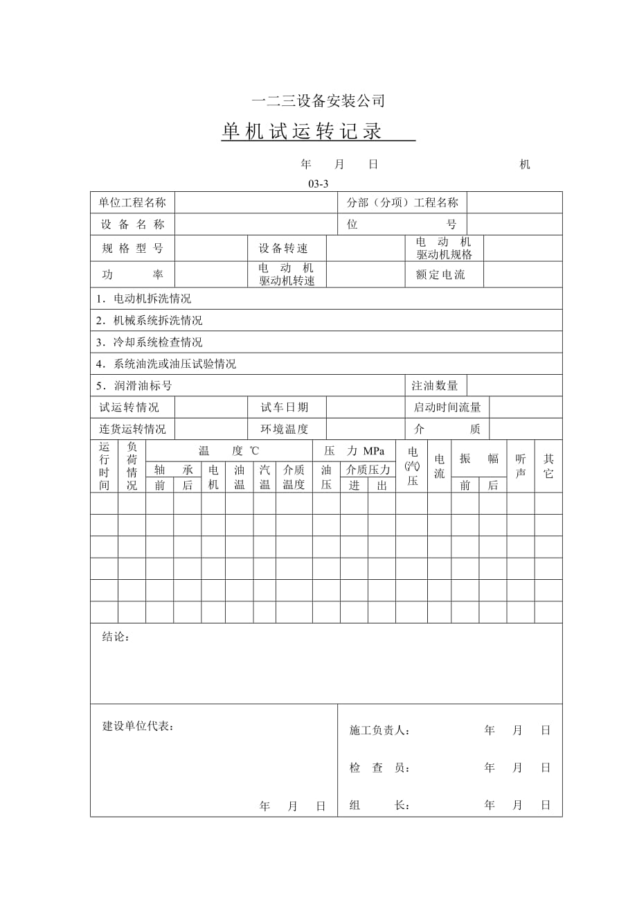 《精编》某设备安装公司单机试运转记录_第1页