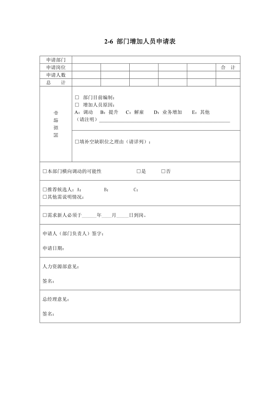 《精编》2-6部门增加人员申请表_第1页