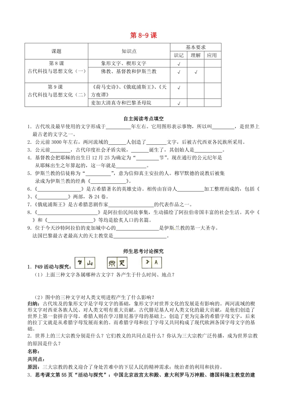 江苏省南京市溧水区第一初级中学九年级历史上册 第8-9课学案（无答案） 新人教版_第1页