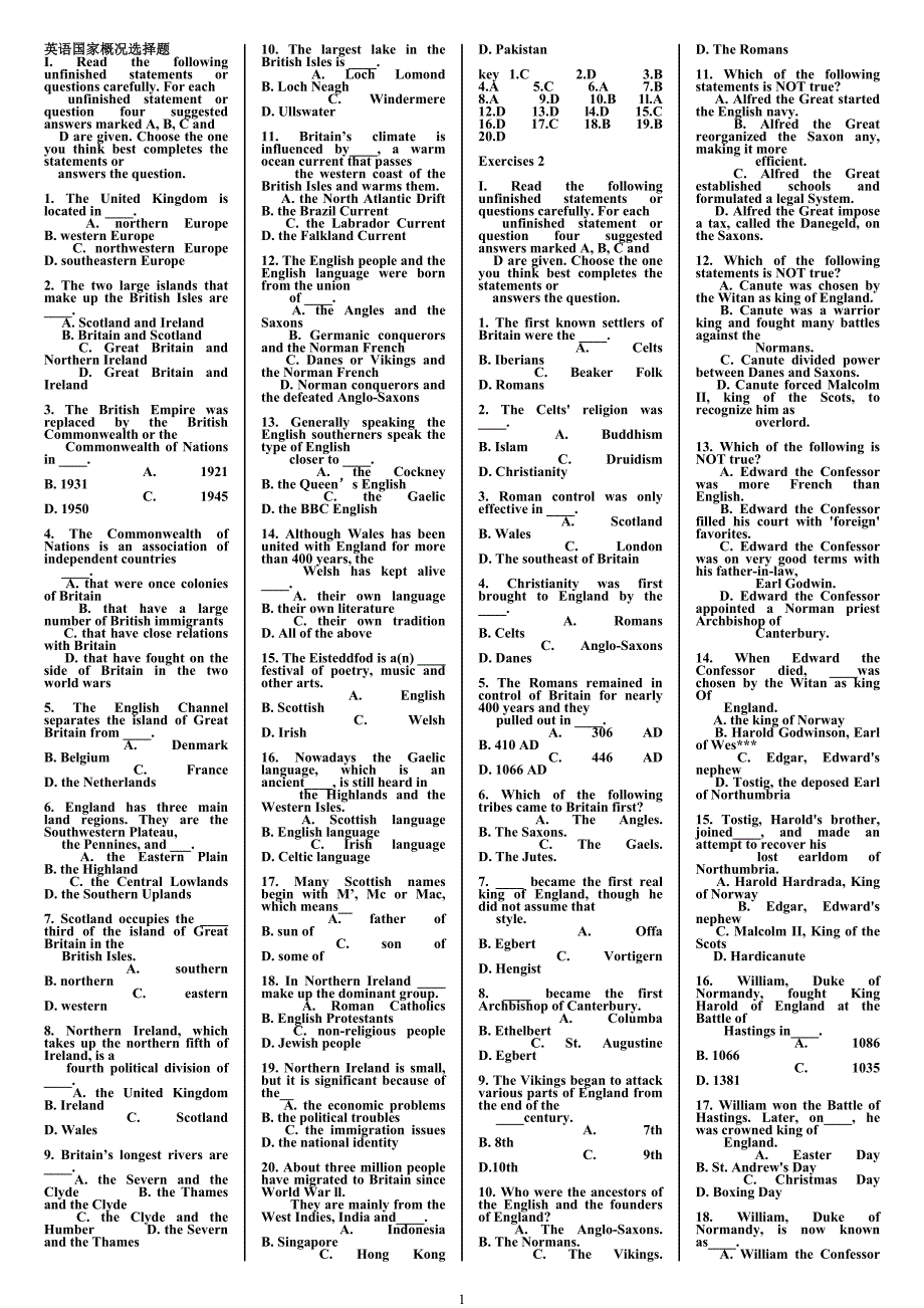 英语国家概况选择题最新.doc_第1页