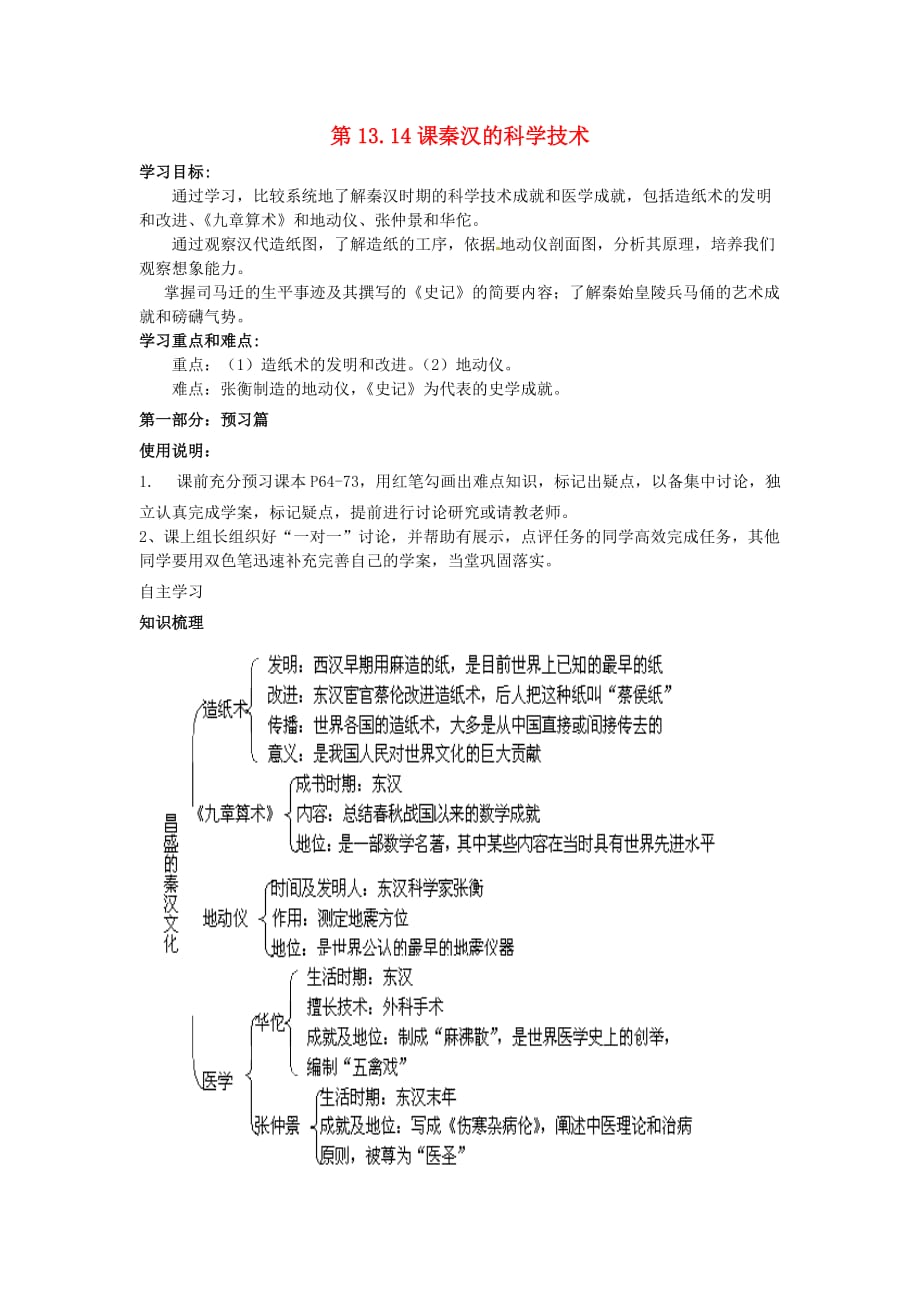 河南省淮阳县西城中学七年级历史上册《第13.14秦汉的科学技术》学案（无答案） 中华书局版_第1页