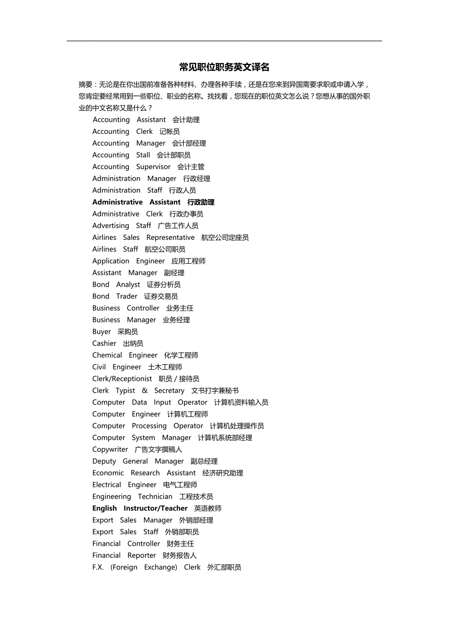 2020（岗位职责）常见职位职务英文译名_第1页