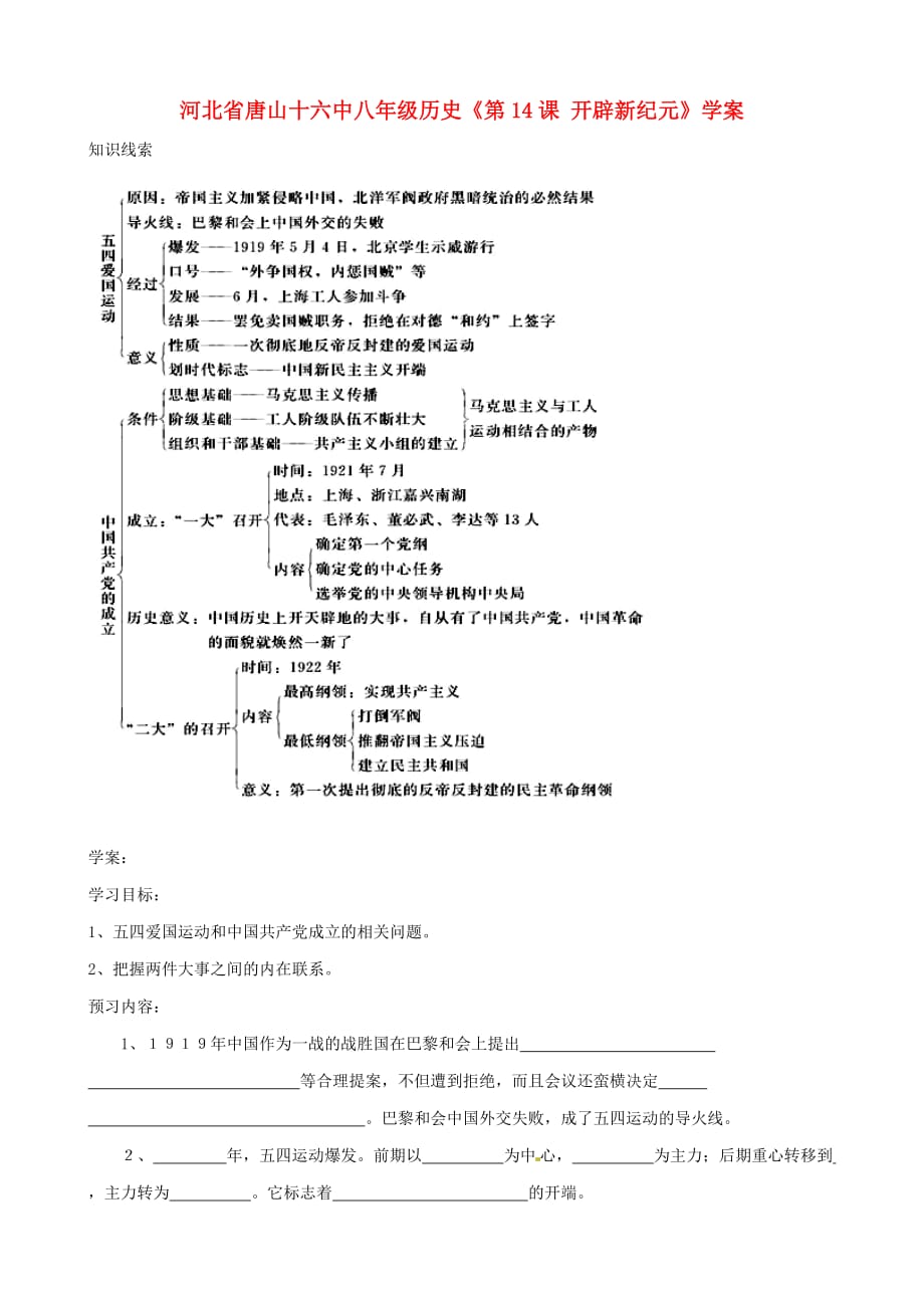 河北省唐山十六中八年级历史《第14课 开辟新纪元》学案（无答案）_第1页