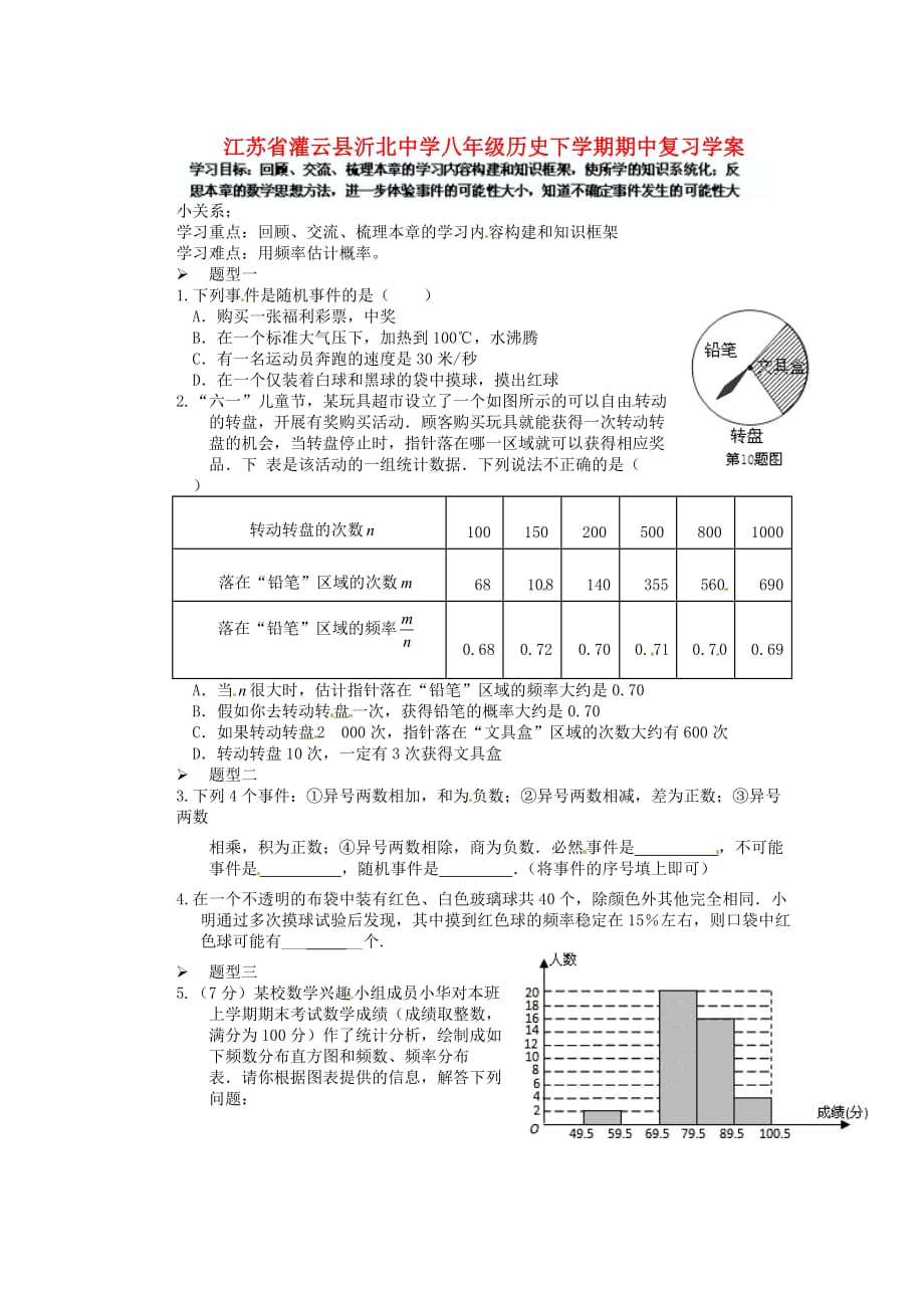 江苏省灌云县沂北中学八年级历史下学期期中复习学案4（无答案） 新人教版_第1页