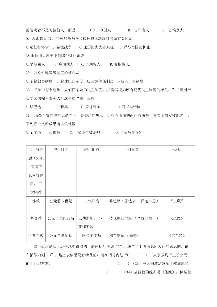 重庆市巫溪县2020届九年级历史上学期第一次月考试题 新人教版_第2页