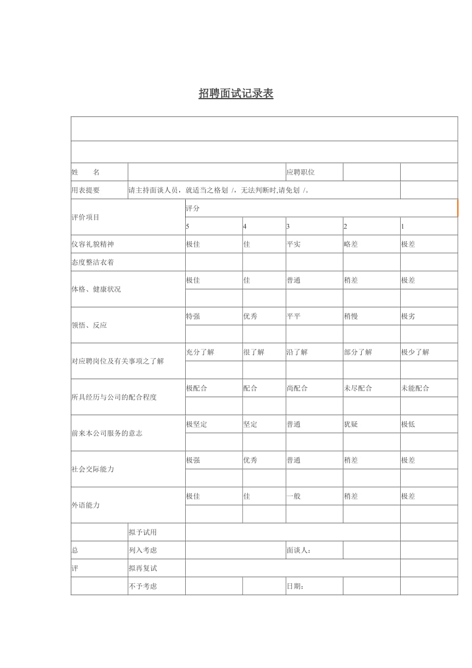 企业招聘面试记录表_第1页