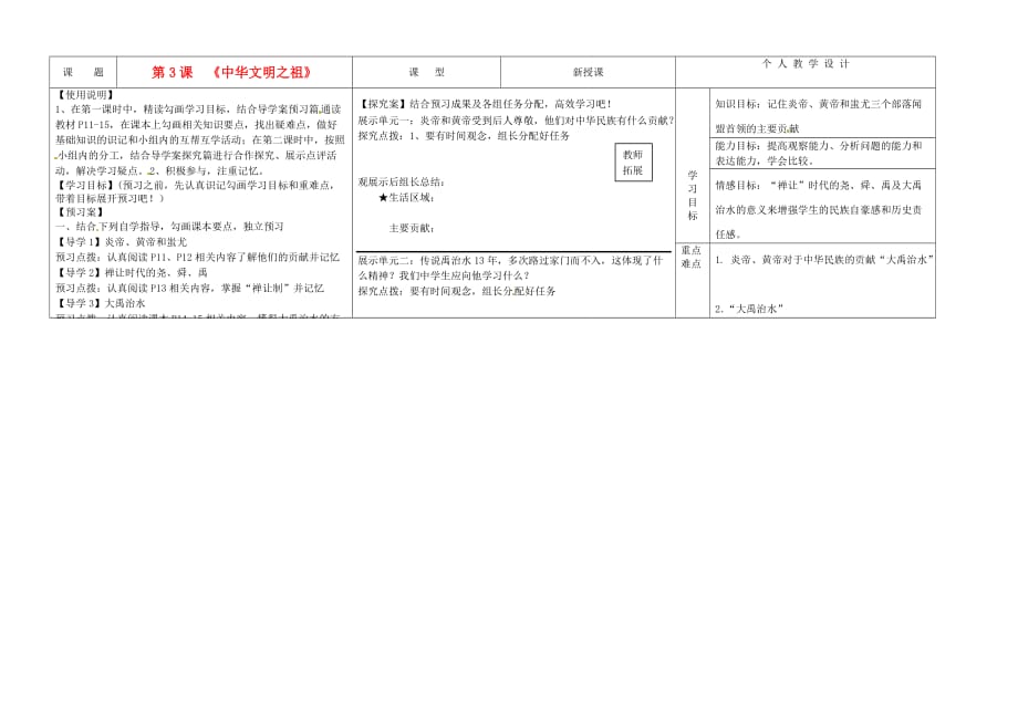 河南省淮阳县西城中学七年级历史上册《第3课 中华文明之祖》导学案（教师版）（无答案） 中华书局版_第1页