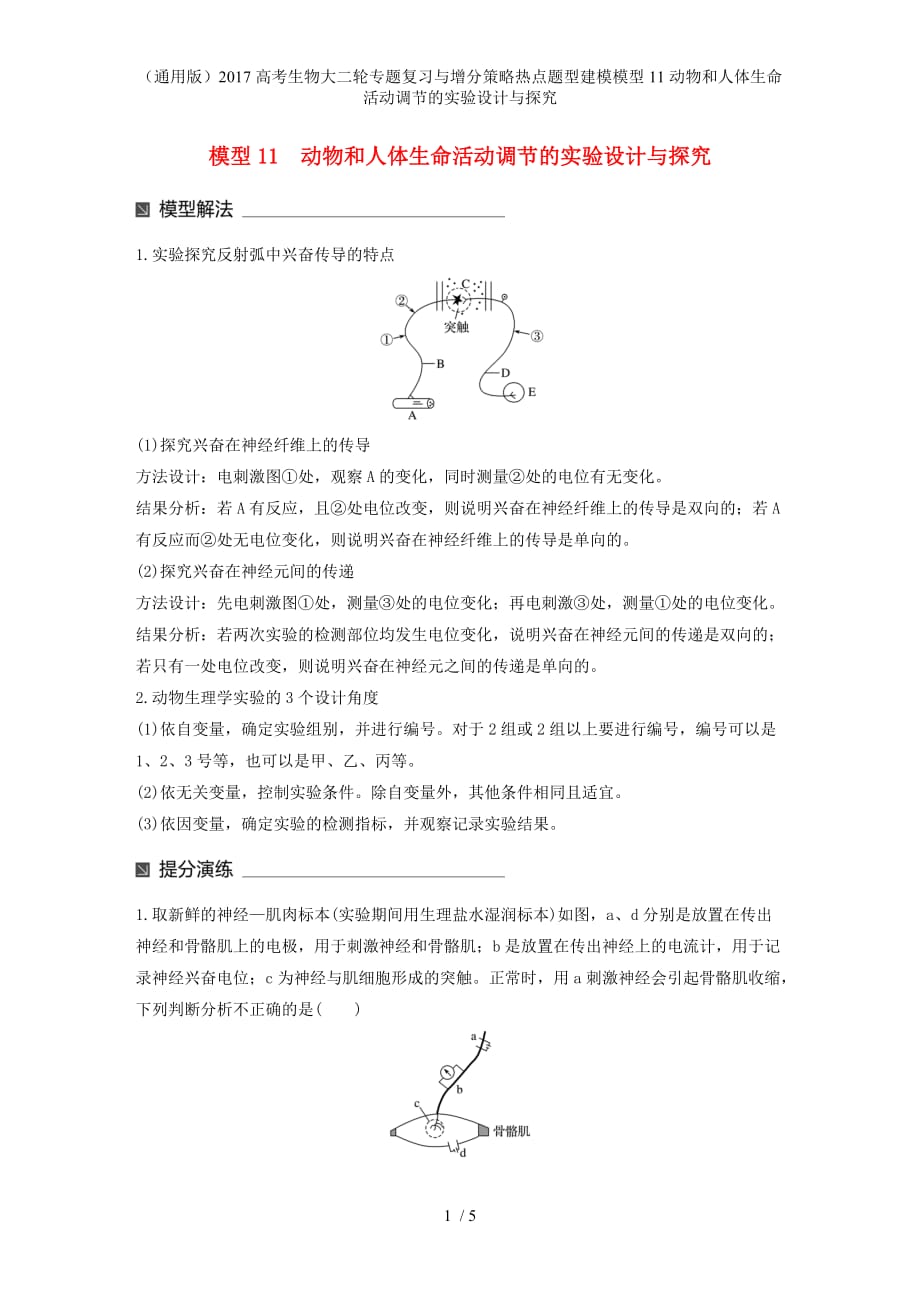 高考生物大二轮专题复习与增分策略热点题型建模模型11动物和人体生命活动调节的实验设计与探究_第1页