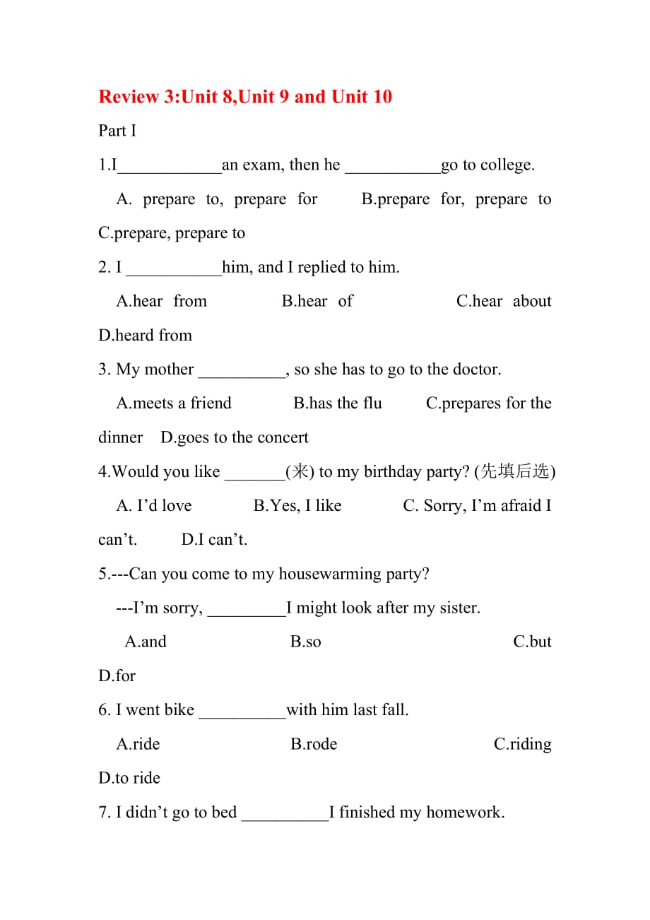 人教版中考复习八年级英语上册unit8----10 单元语法专题练习题_第1页