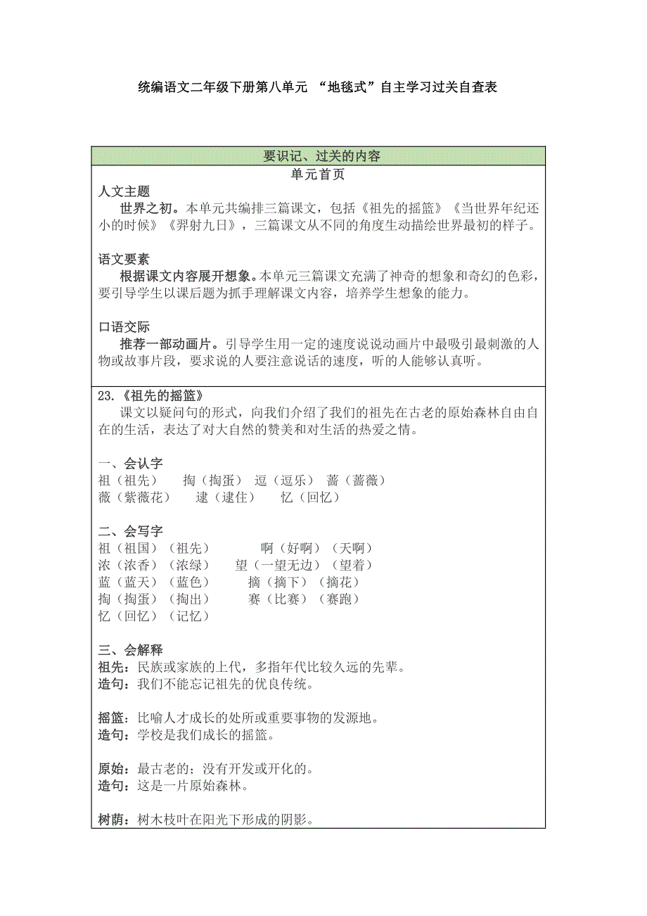 二年级语文下册素材-第8单元“地毯式”自主学习过关自查表PDF版 部编版_第1页