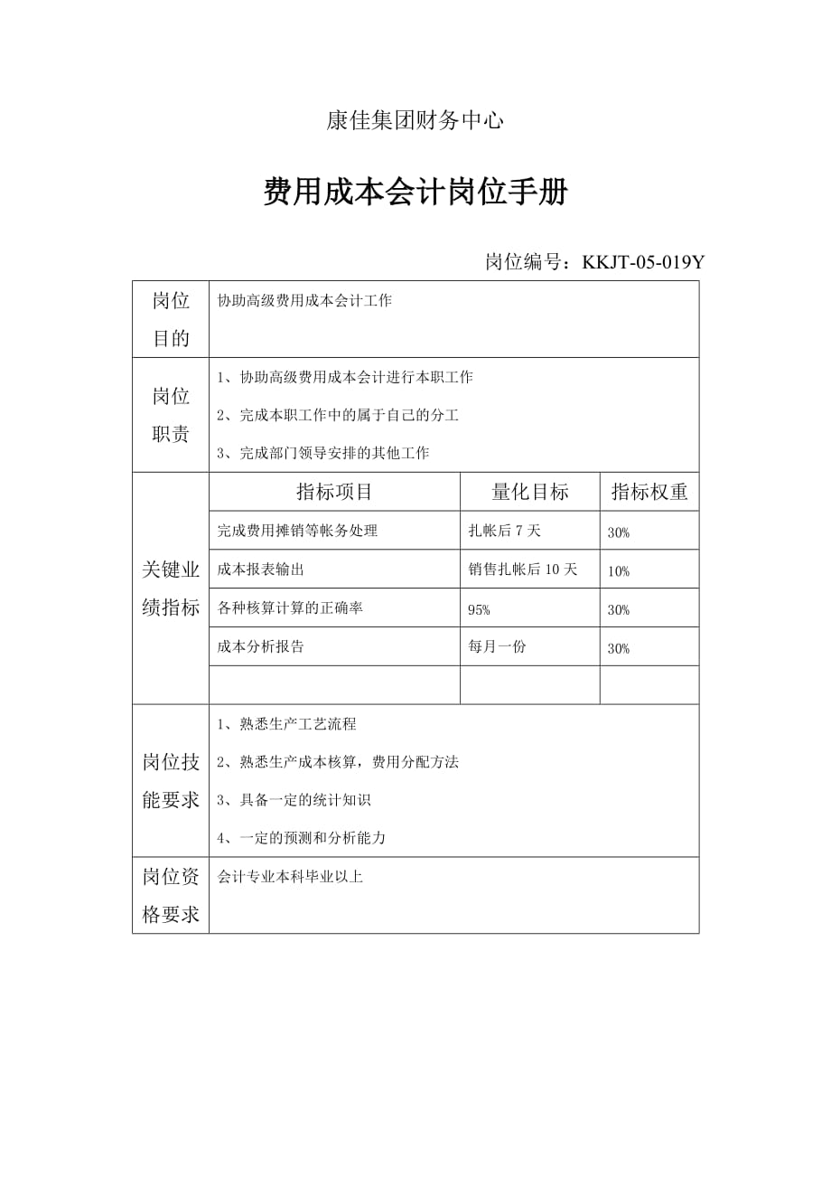 《精编》财务中心费用成本会计岗位手册表_第1页