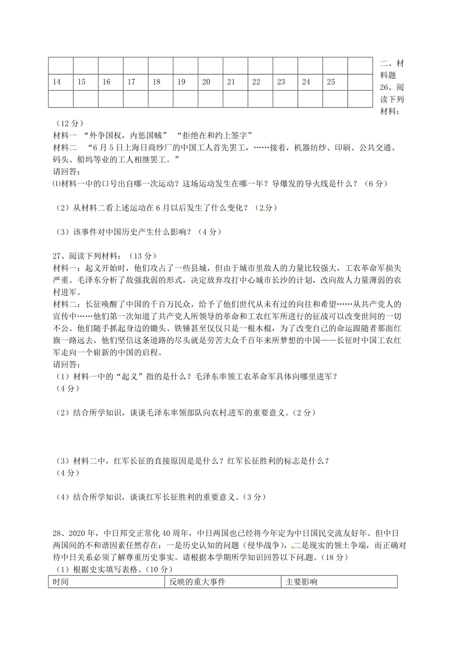 山东省邹平双语学校2020学年八年级历史上学期第二次月考试题（无答案） 北师大版_第3页