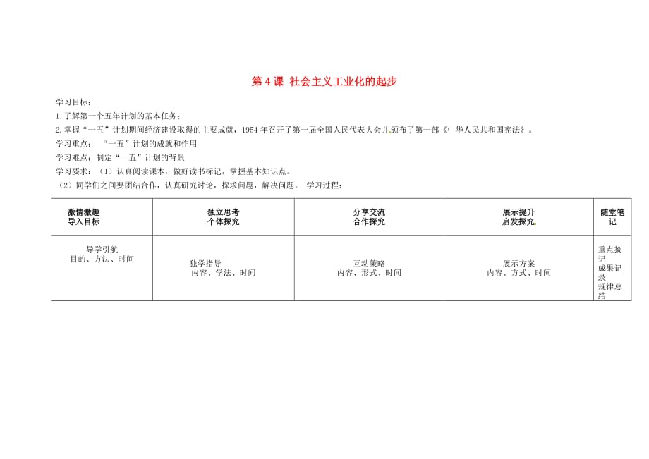 2020学年八年级历史下册 第二单元 向社会主义社会过渡 第4课 社会主义工业化的起步导学案（无答案） 岳麓版_第1页