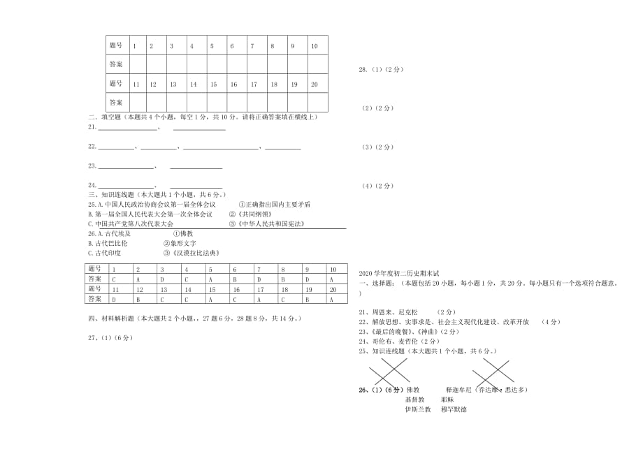 甘肃省白银二中2020学年度八年级历史下学期期末考试题（无答案） 北师大版_第3页