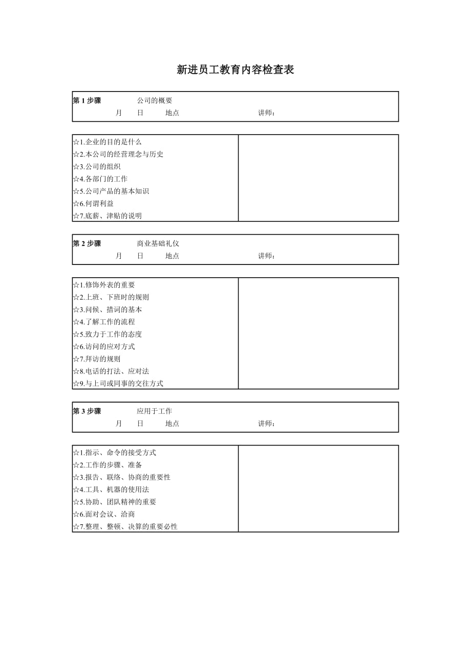 《精编》某公司新进员工教育内容检查表_第1页