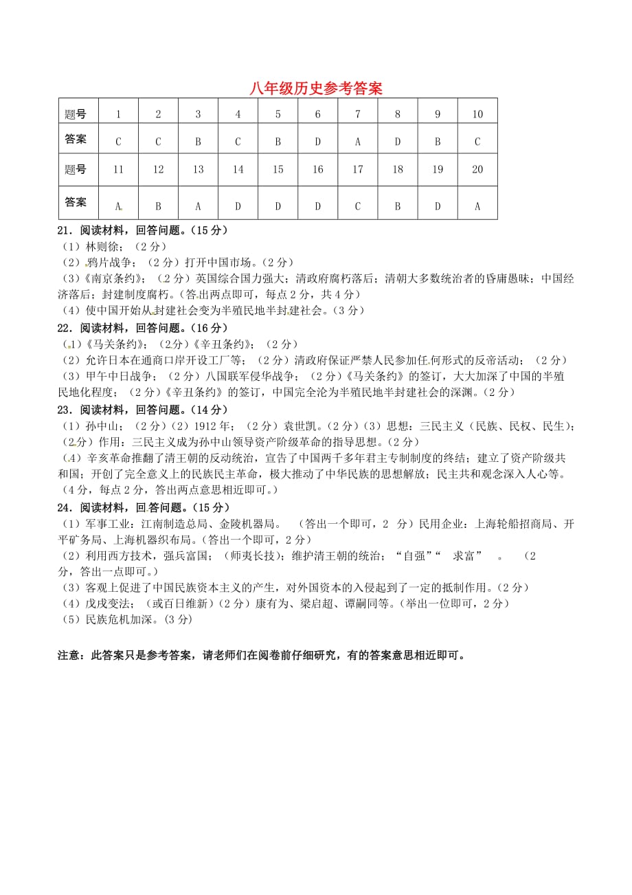 河北省唐山市丰南区2020学年八年级历史上学期期中试题答案_第1页