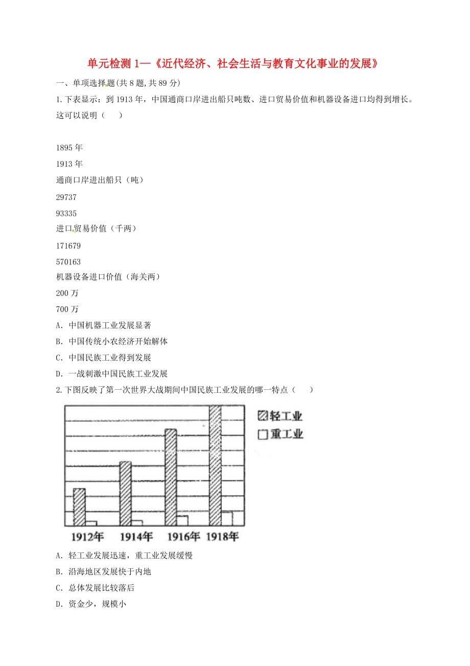 河南省商丘市永城市龙岗镇八年级历史上册第八单元近代经济社会生活与教育文化事业的发展单元检测1无答案新人教_第1页