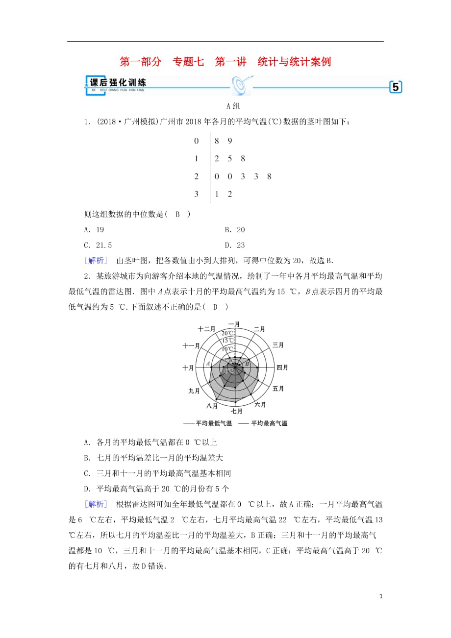 高考数学大二轮复习第1部分专题7概率与统计第1讲统计与统计案例练习_第1页