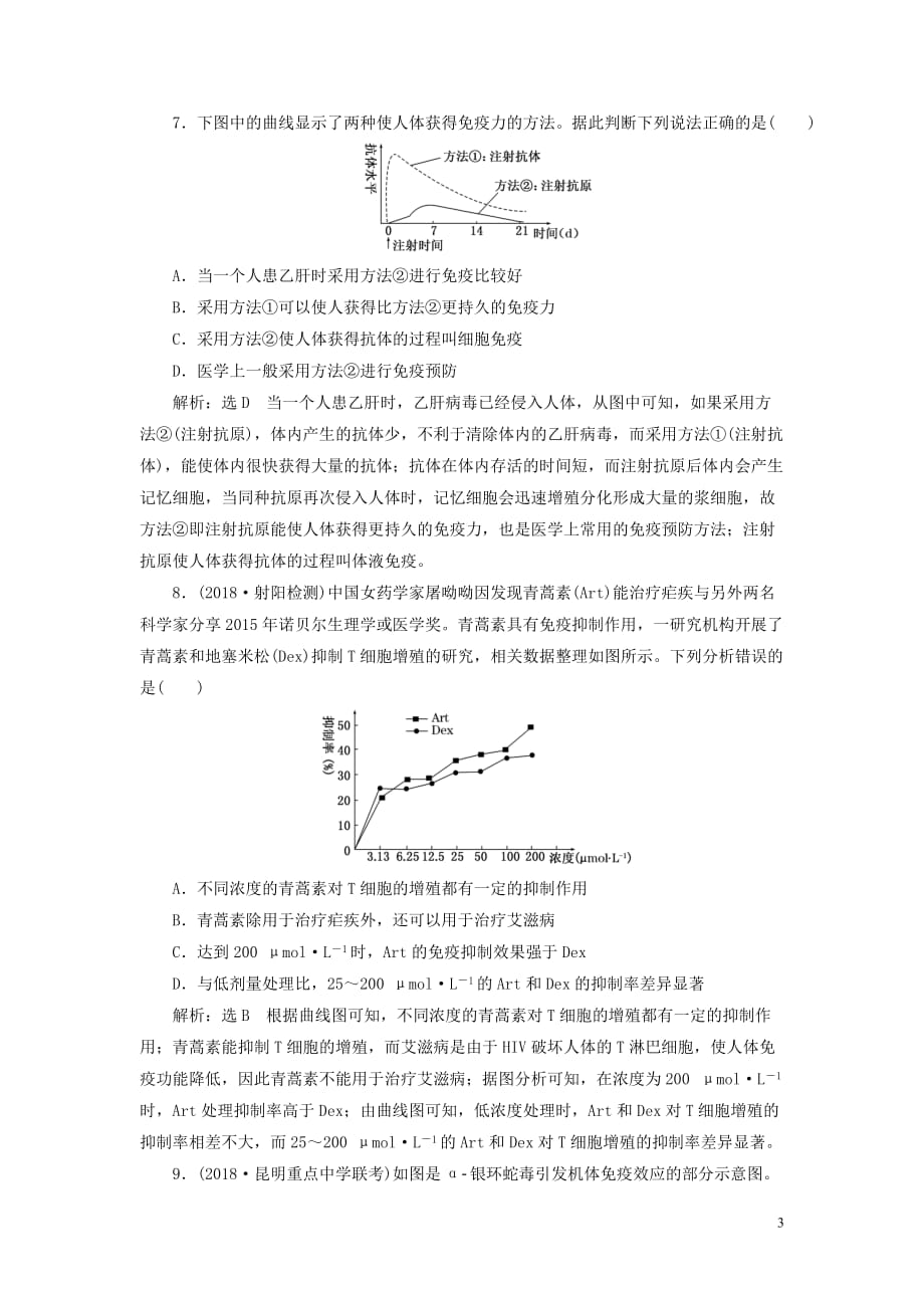 高考生物一轮复习第三部分稳态与环境第一单元动物和人体生命活动的调节课时跟踪检测（三十一）免疫调节(2)_第3页